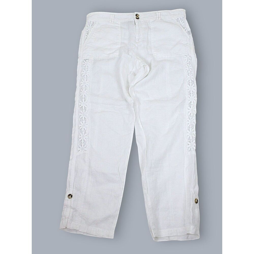 White Eyelet Lace Trim Pants Boho Summer Lightweight Coastal Cotton Large